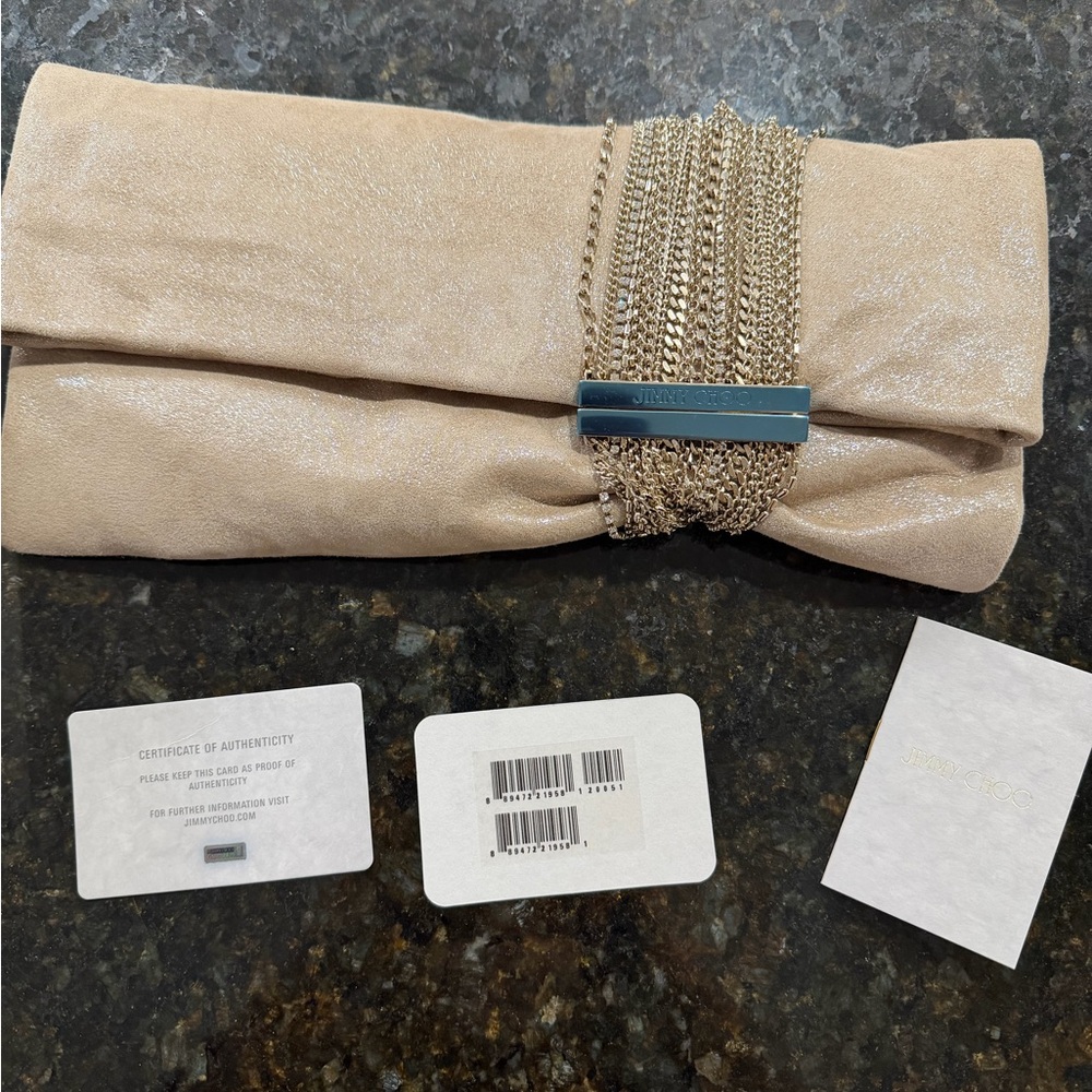 Jimmy Choo Champagne-Beige Chain Accent Fold-Over Clutch